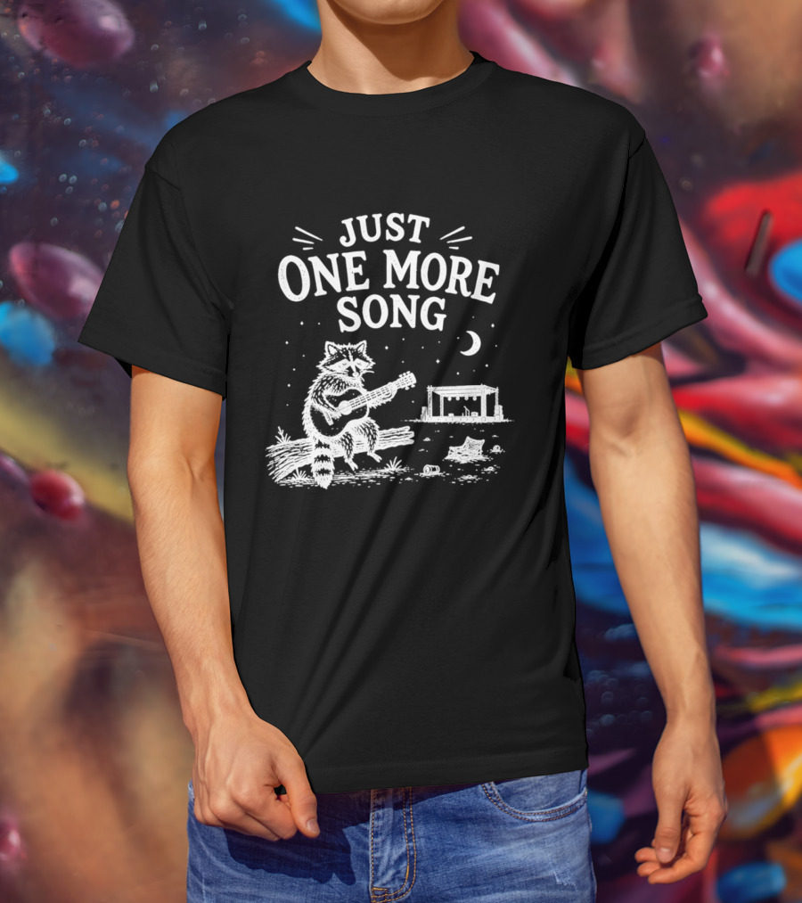 Just One More Song Raccoon Playing Guitar Under Moon And Stars T-Shirt