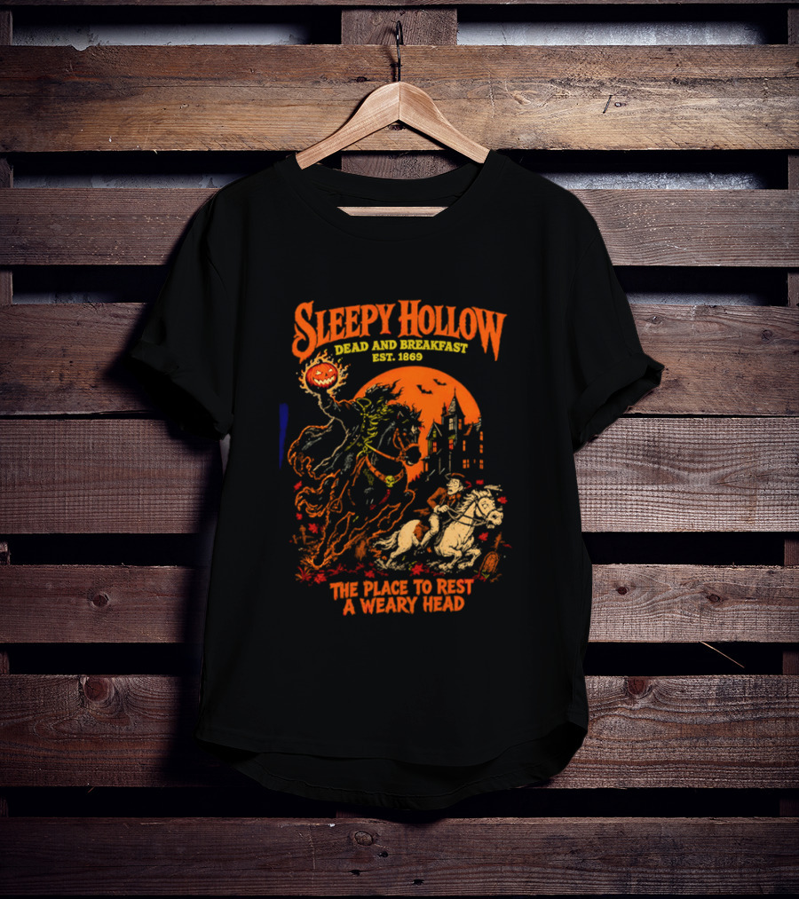 Sleepy Hollow Dead And Breakfast Est 1820 Headless Horseman The Place To Rest A Weary Head Halloween Pumpkin T-Shirt