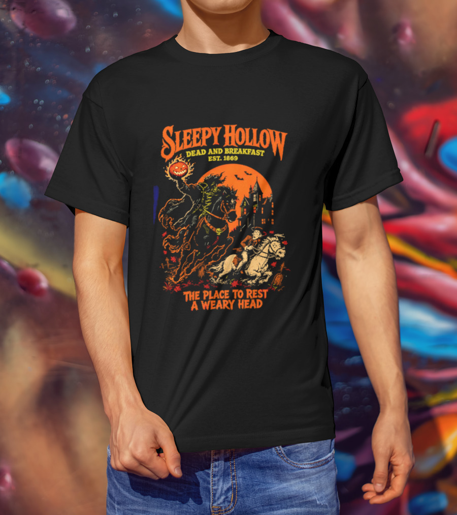 Sleepy Hollow Dead And Breakfast Est 1820 Headless Horseman The Place To Rest A Weary Head Halloween Pumpkin T-Shirt