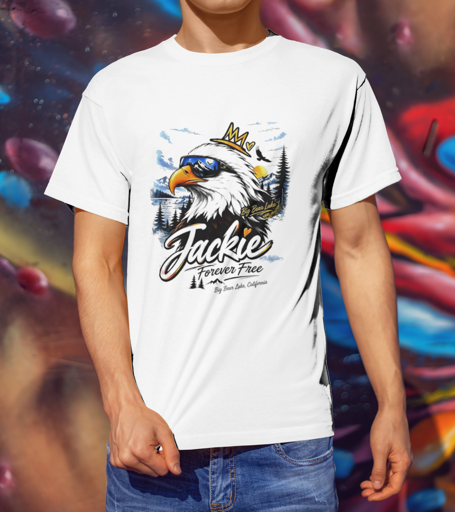 Jackie Forever Free Crowned Eagle Big Bear Lake California Sunglasses Sun Mountains T-Shirt