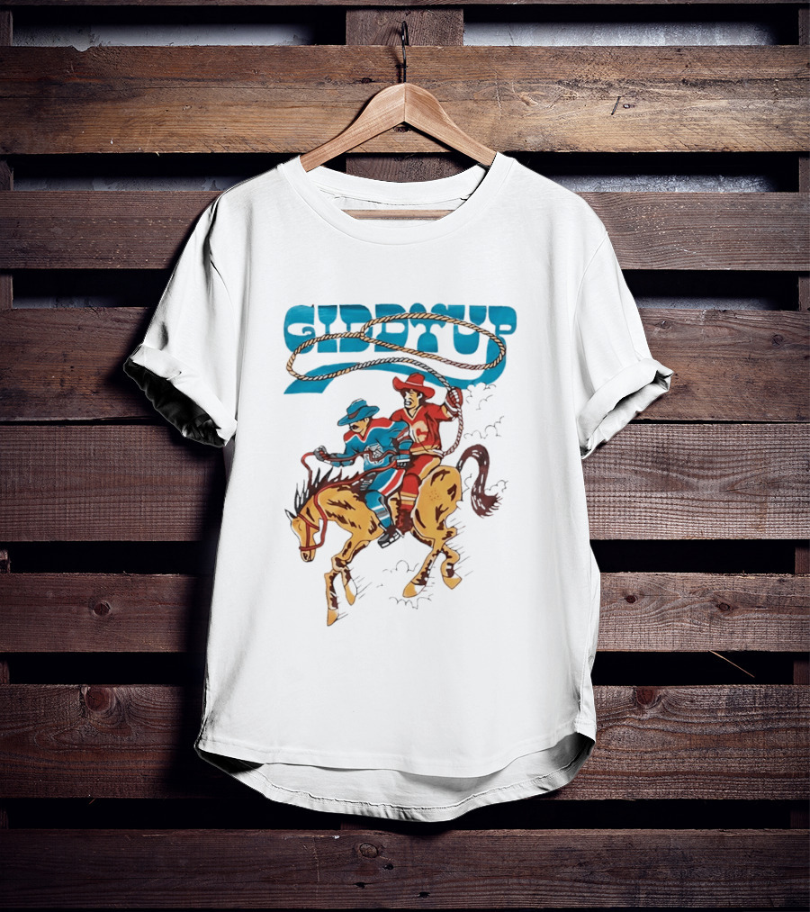 Calgary Flames Edmonton Oilers NHL Hockey Players Giddyup Cartoon Riding Bucking Horse Lasso T-Shirt
