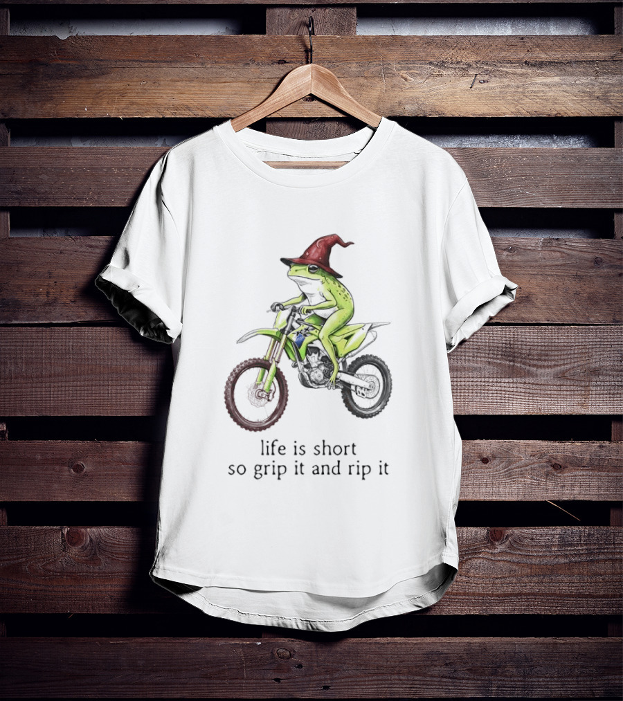 Life Is Short So Grip It And Rip It Frog Red Wizard Hat Green Dirt Bike Adventure T-Shirt