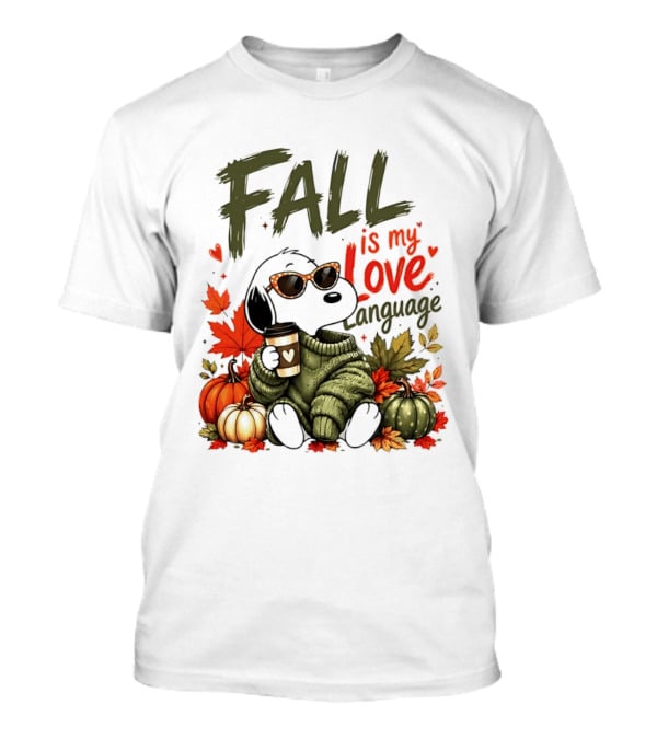 Fall Is My Love Language Cartoon Dog Cozy Green Sweater Pumpkins Leaves Coffee T-Shirt