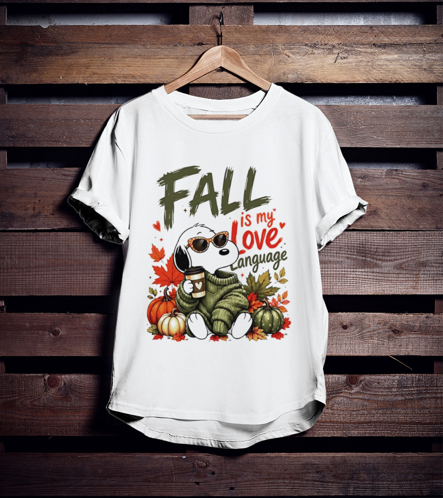 Fall Is My Love Language Cartoon Dog Cozy Green Sweater Pumpkins Leaves Coffee T-Shirt