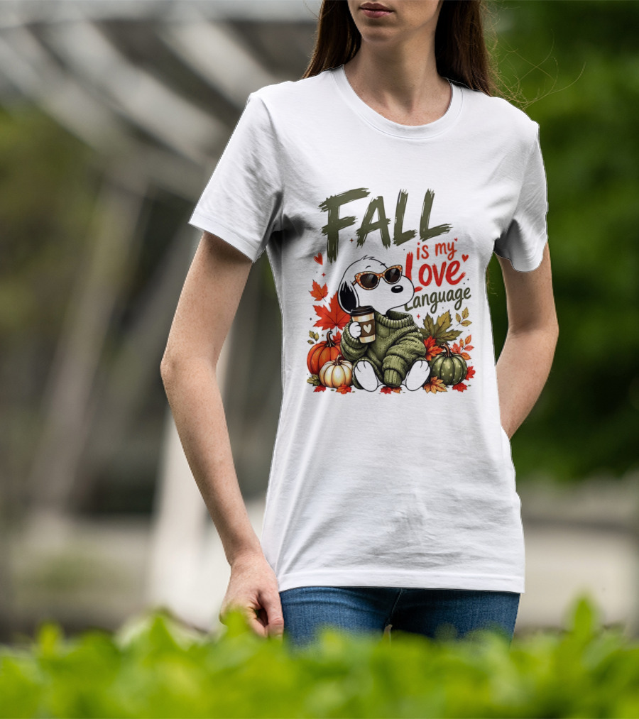 Fall Is My Love Language Cartoon Dog Cozy Green Sweater Pumpkins Leaves Coffee T-Shirt