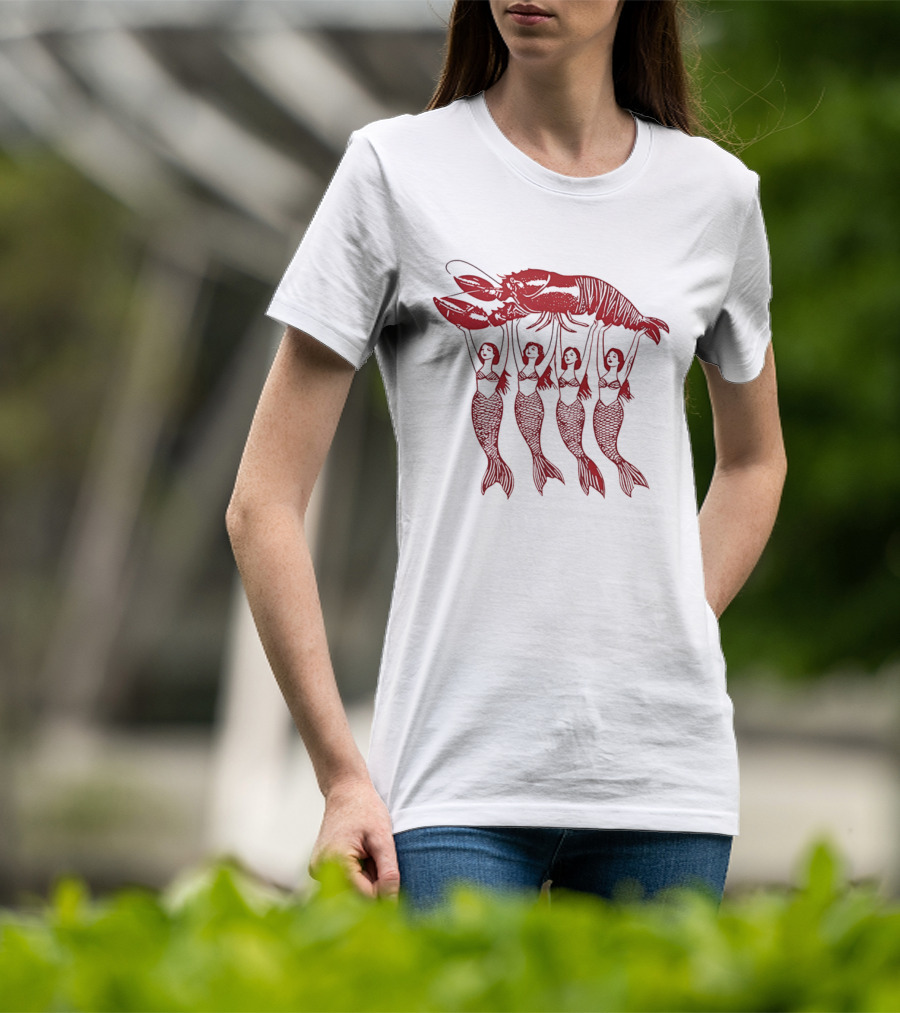 Four Mermaids Holding A Lobster Vintage Red Sea Creature T-Shirt