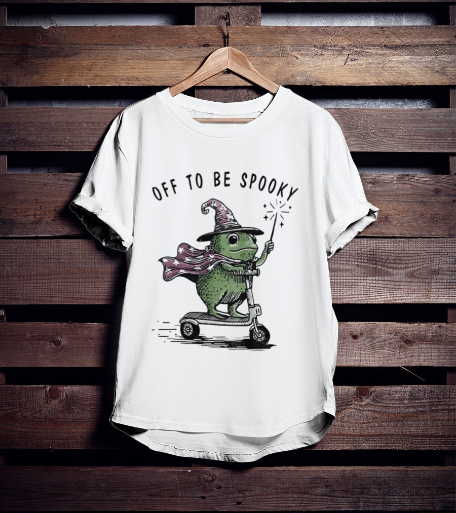 Frog Wizard On Scooter With Cape Off To Be Spooky Magic Wand T-Shirt