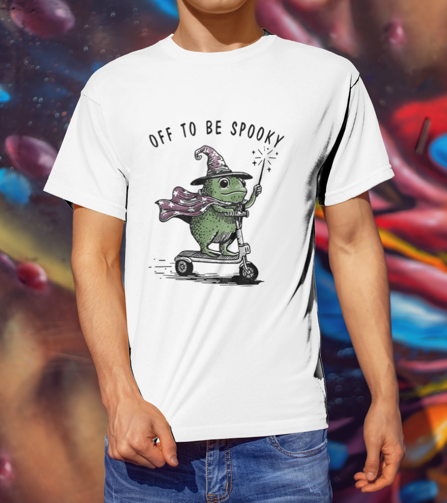 Frog Wizard On Scooter With Cape Off To Be Spooky Magic Wand T-Shirt