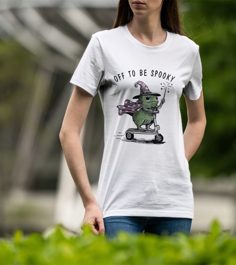 Frog Wizard On Scooter With Cape Off To Be Spooky Magic Wand T-Shirt