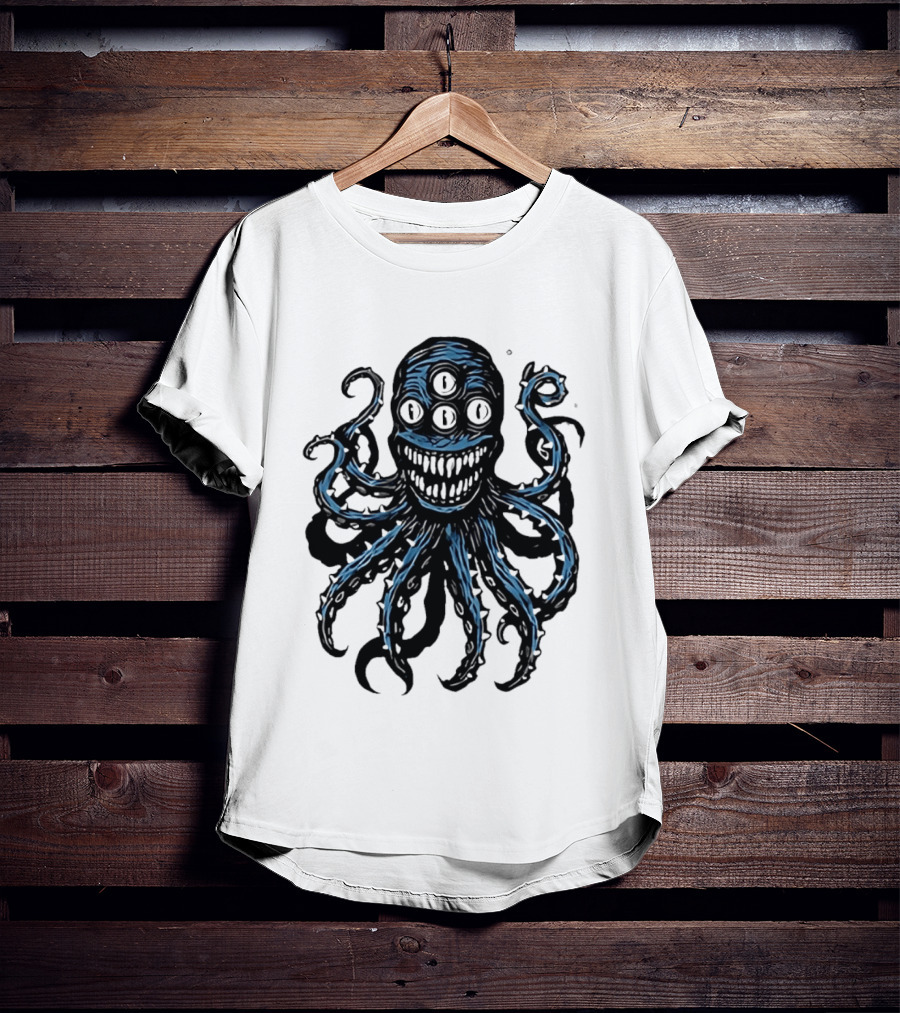 Monstrous Spiky Tentacles Blue Octopus Woodcut T-Shirt