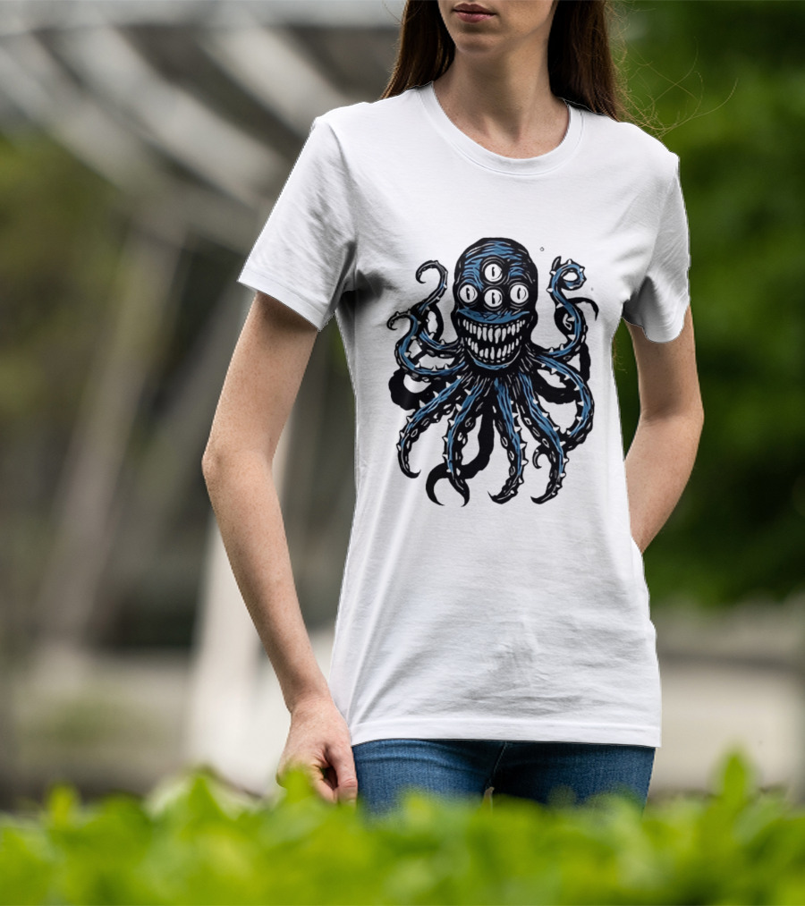 Monstrous Spiky Tentacles Blue Octopus Woodcut T-Shirt