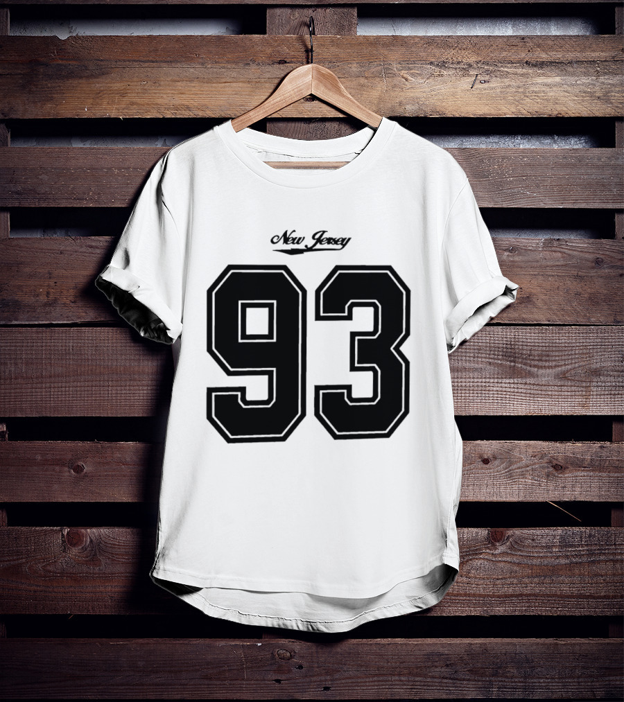 New Jersey 93 Cursive Script Black Varsity Block Number T-Shirt