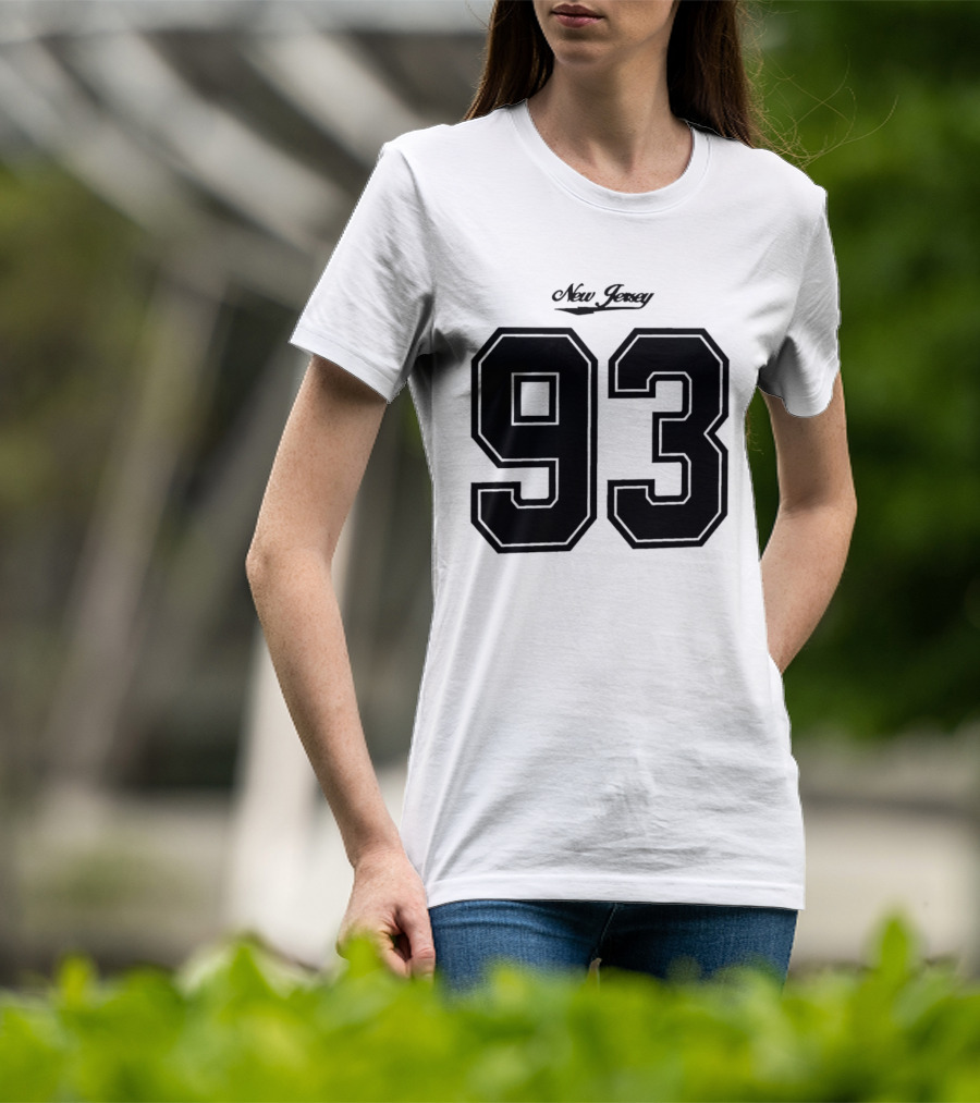 New Jersey 93 Cursive Script Black Varsity Block Number T-Shirt