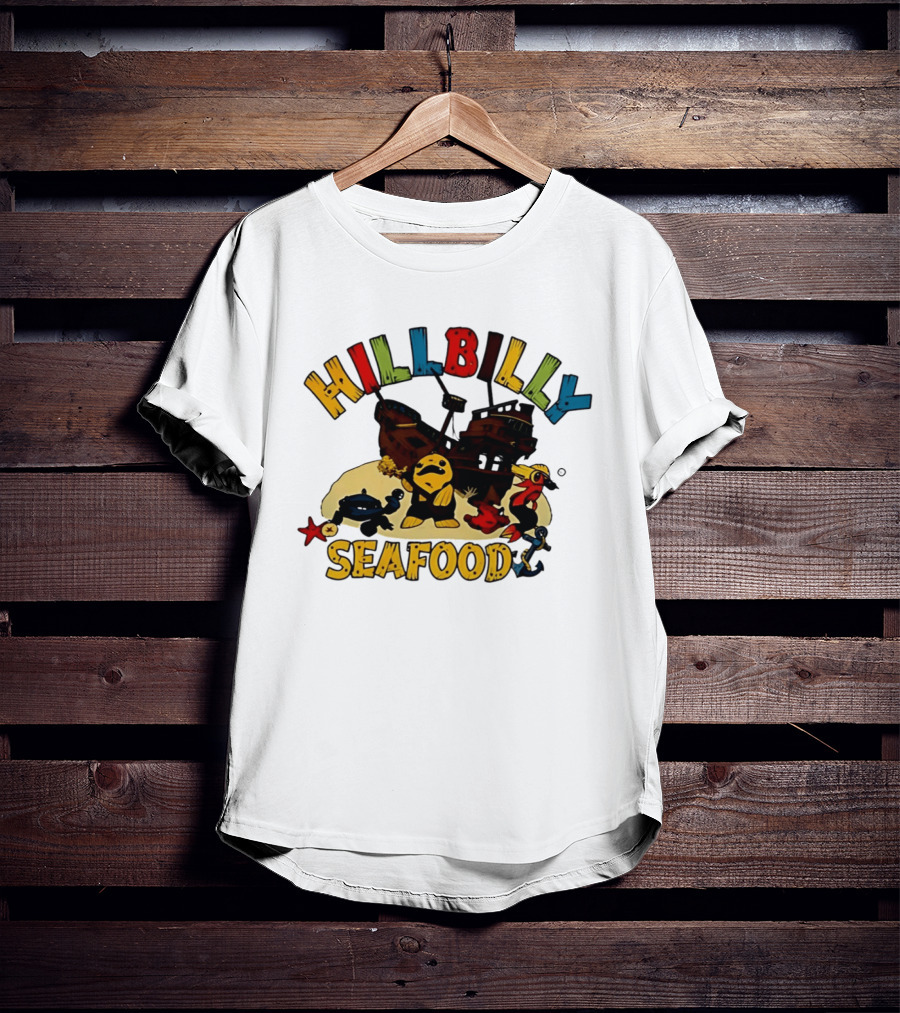 Hillbilly Seafood Cartoon Pirate Ship And Ocean Life Fish Adventure T-Shirt