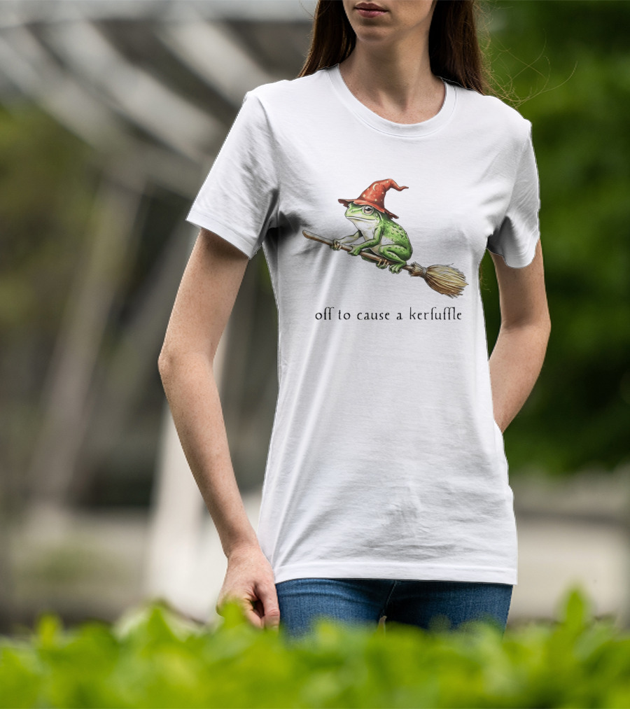 Off To Cause A Kerfuffle Frog Wizard Hat Broomstick Adventure T-Shirt