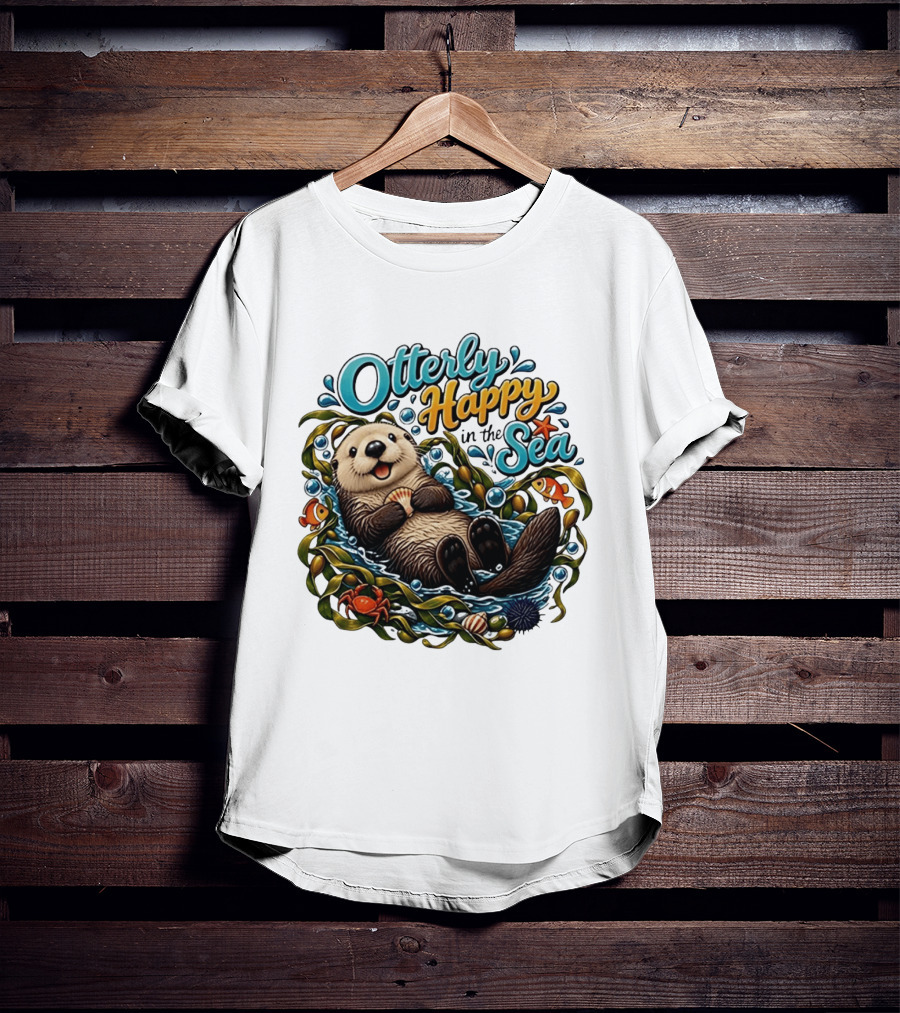 Otterly Happy In The Sea Cartoon Otter Floating With Kelp, Shell, Fish, Crab T-Shirt
