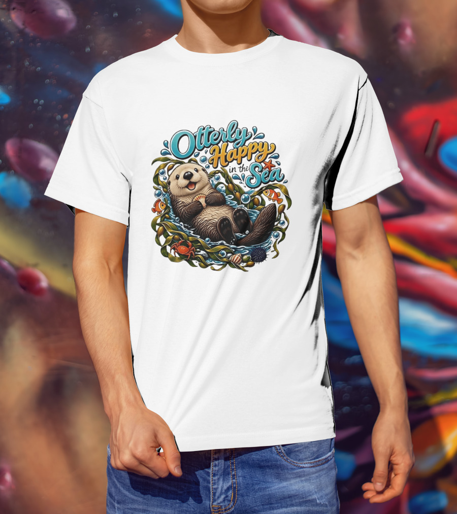 Otterly Happy In The Sea Cartoon Otter Floating With Kelp, Shell, Fish, Crab T-Shirt