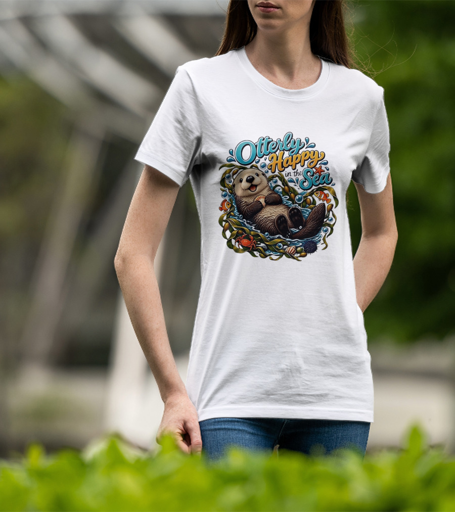 Otterly Happy In The Sea Cartoon Otter Floating With Kelp, Shell, Fish, Crab T-Shirt
