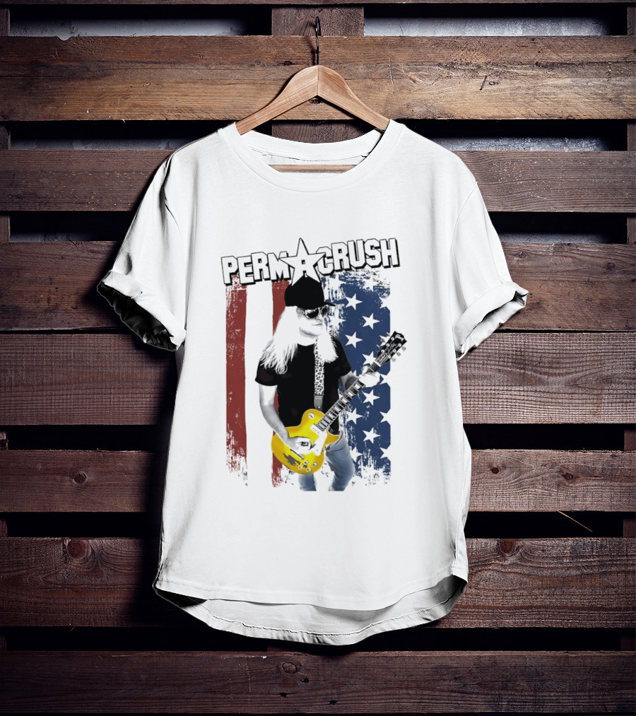 Perm A Crush Long Blonde Hair Yellow Guitar American Flag T-Shirt