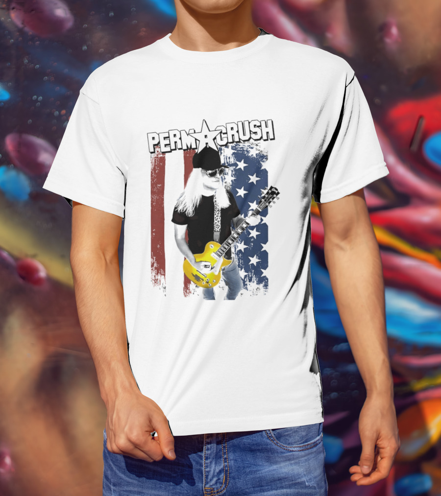 Perm A Crush Long Blonde Hair Yellow Guitar American Flag T-Shirt