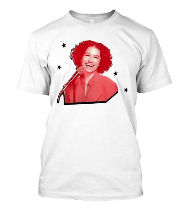 Red Tinted Woman Curly Hair Microphone Black Stars T-Shirt