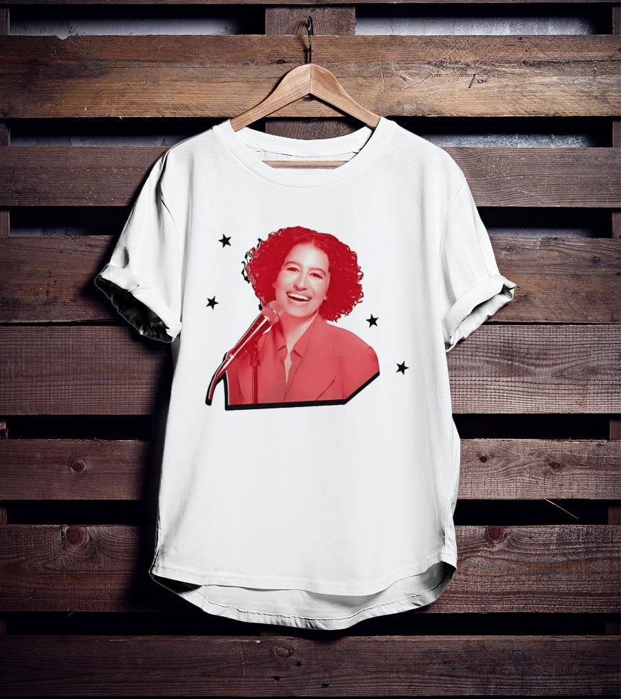 Red Tinted Woman Curly Hair Microphone Black Stars T-Shirt