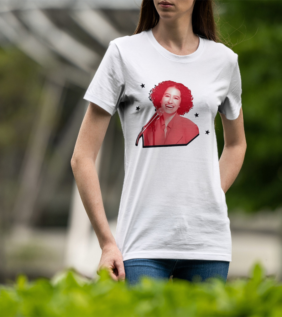 Red Tinted Woman Curly Hair Microphone Black Stars T-Shirt