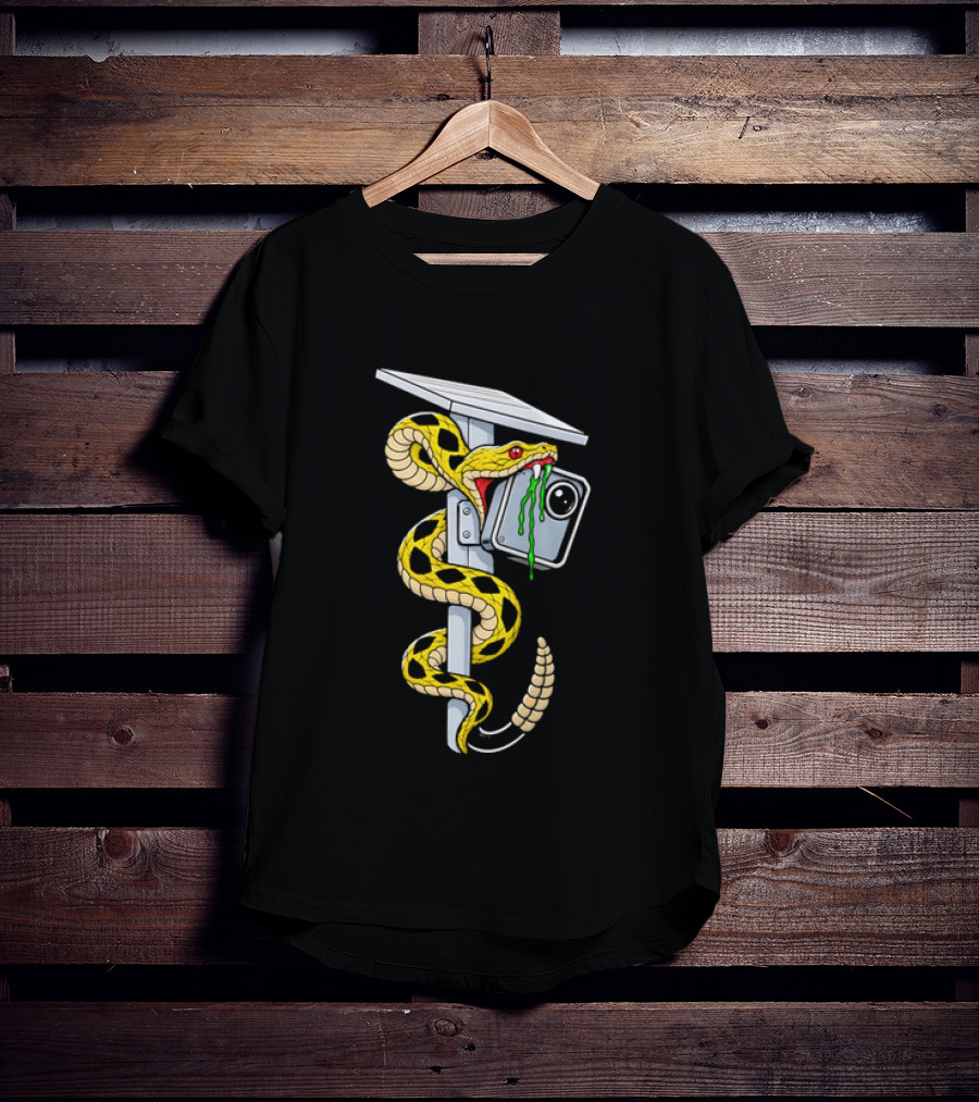 Cartoon Yellow Rattlesnake Biting Security Camera Solar Panel Pole Dripping Venom T-Shirt