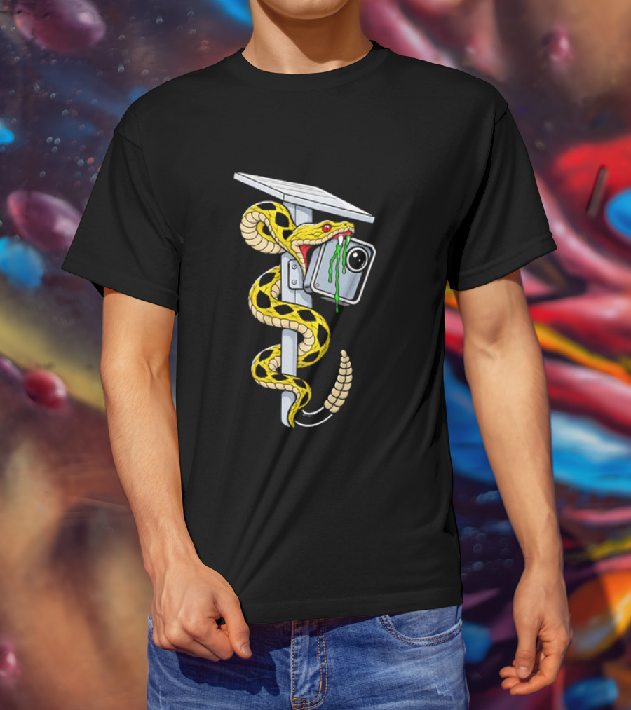 Cartoon Yellow Rattlesnake Biting Security Camera Solar Panel Pole Dripping Venom T-Shirt