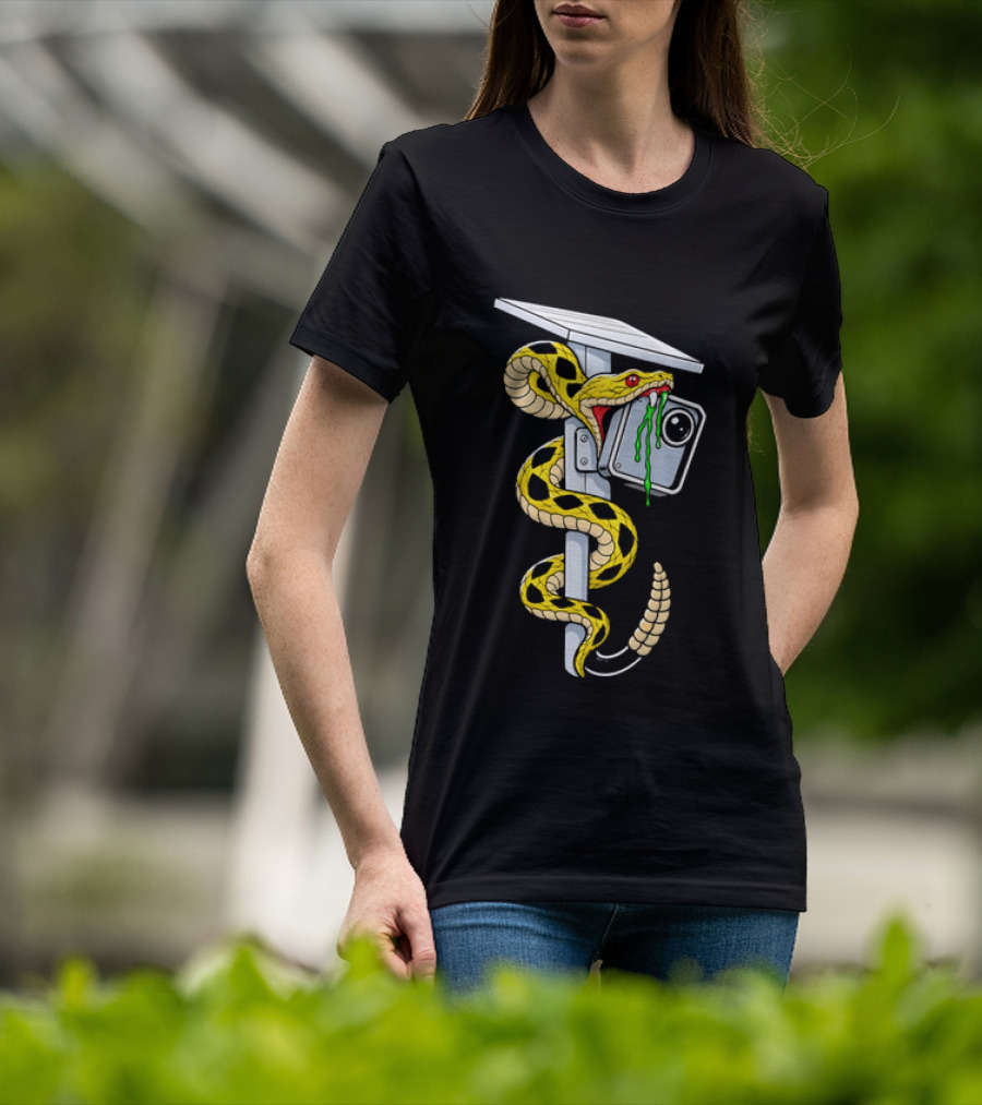 Cartoon Yellow Rattlesnake Biting Security Camera Solar Panel Pole Dripping Venom T-Shirt