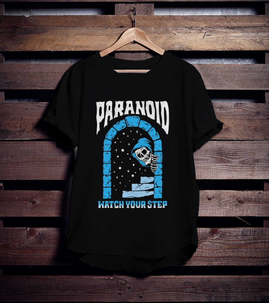 Paranoid Skeleton Peeking Stone Archway Your Step T-Shirt