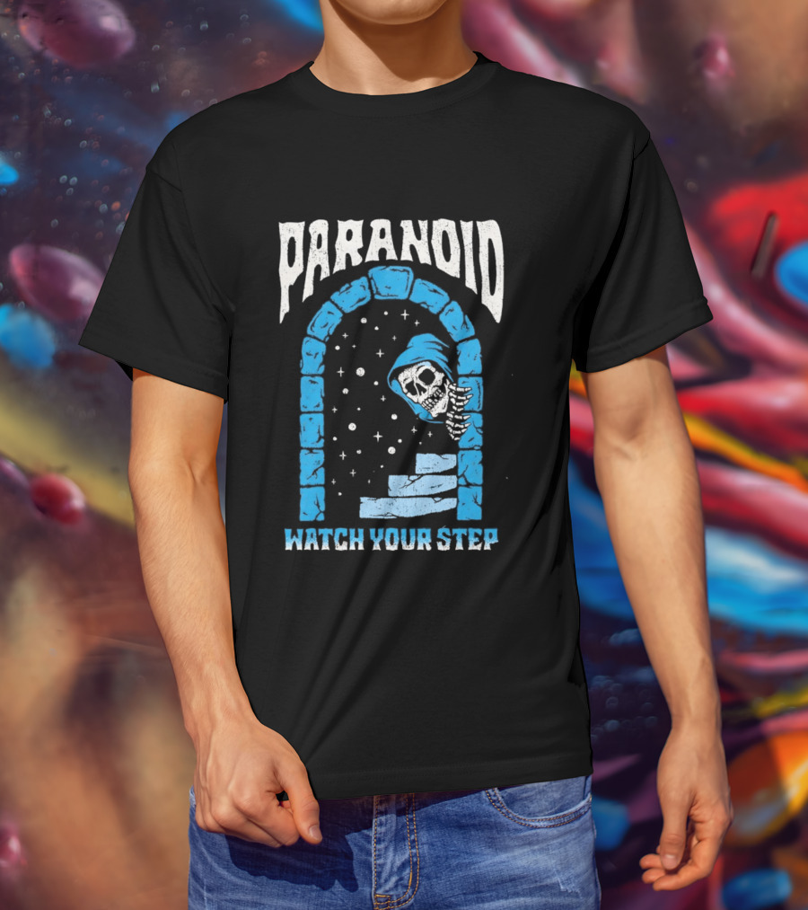 Paranoid Skeleton Peeking Stone Archway Your Step T-Shirt