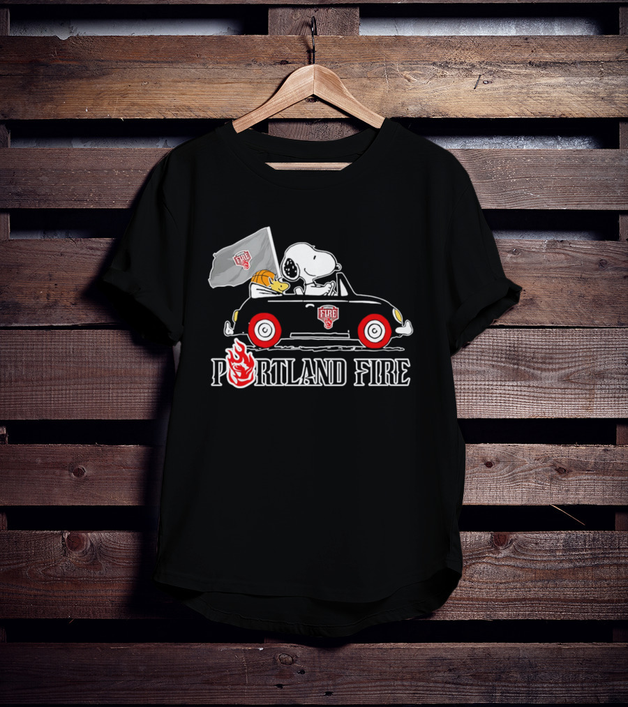 Portland Fire Snoopy And Woodstock Driving Vintage Car With Flag T-Shirt