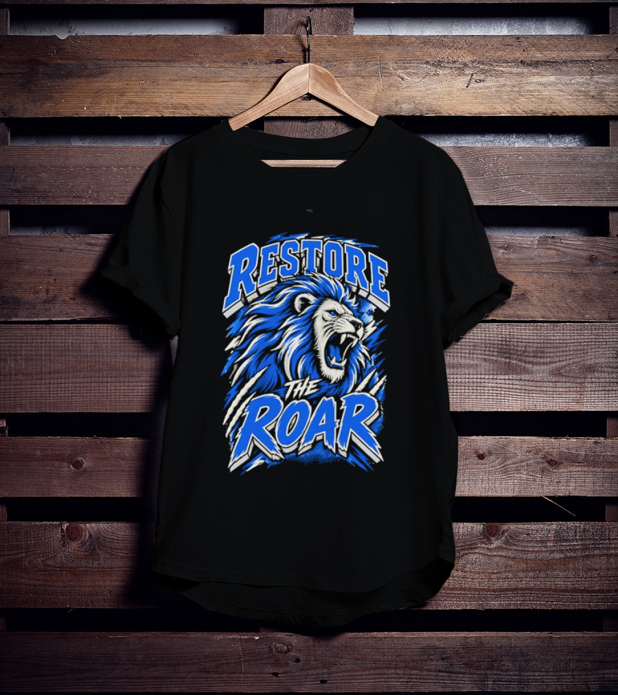 Restore The Roar Blue Lion Head With Halftone Scratch Marks T-Shirt