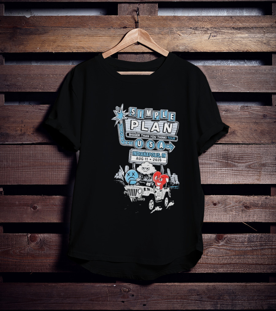Simple Plan Indianapolis IN 2026 Bigger Than You Think Tour August 11 White River State Park USA Classic Car And Happy Heart T-Shirt