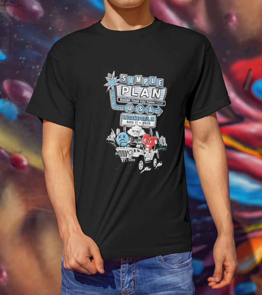 Simple Plan Indianapolis IN 2026 Bigger Than You Think Tour August 11 White River State Park USA Classic Car And Happy Heart T-Shirt
