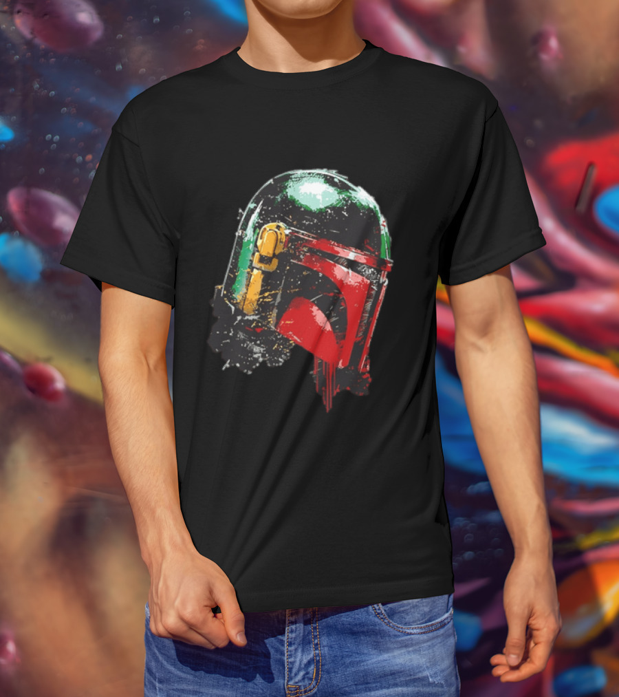 Star Wars Boba Fett Helmet Distressed Paint Splatter Drip T-Shirt