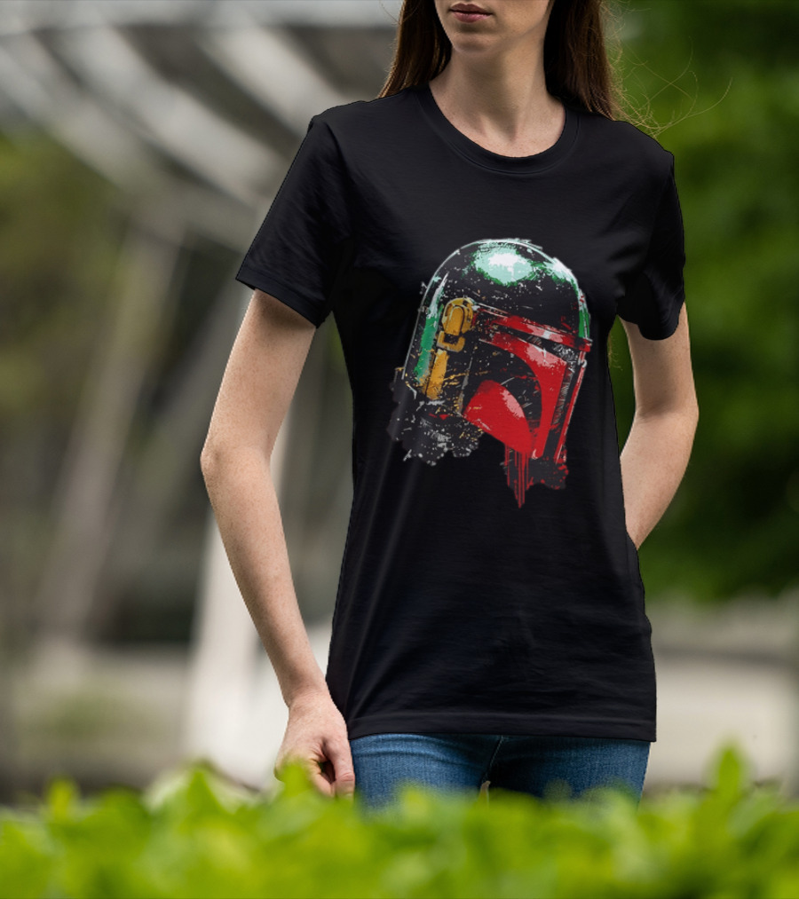 Star Wars Boba Fett Helmet Distressed Paint Splatter Drip T-Shirt