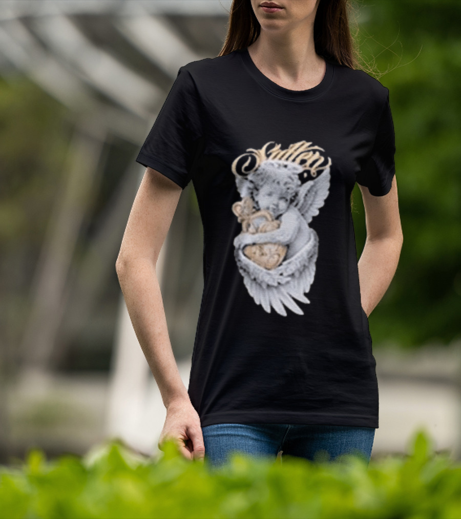 Sullen Heavenly Angel Embracing Heart T-Shirt