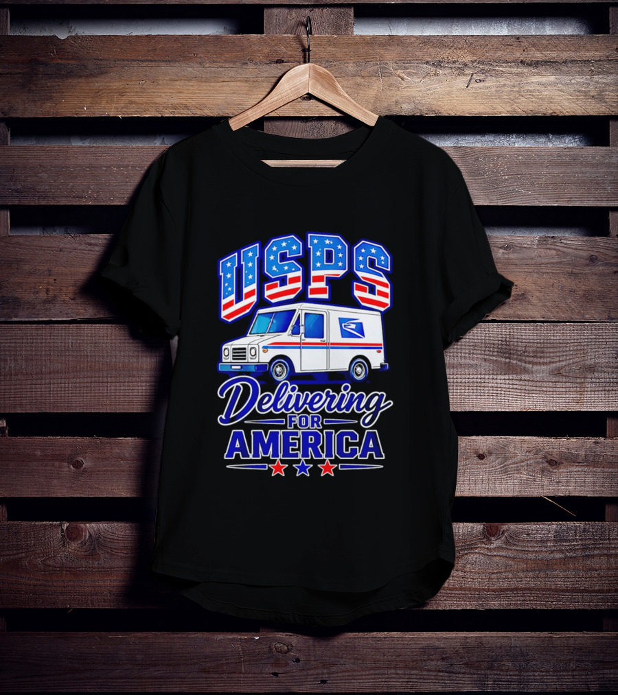 USPS Delivering For America Mail Truck Patriotic Stars And Stripes T-Shirt