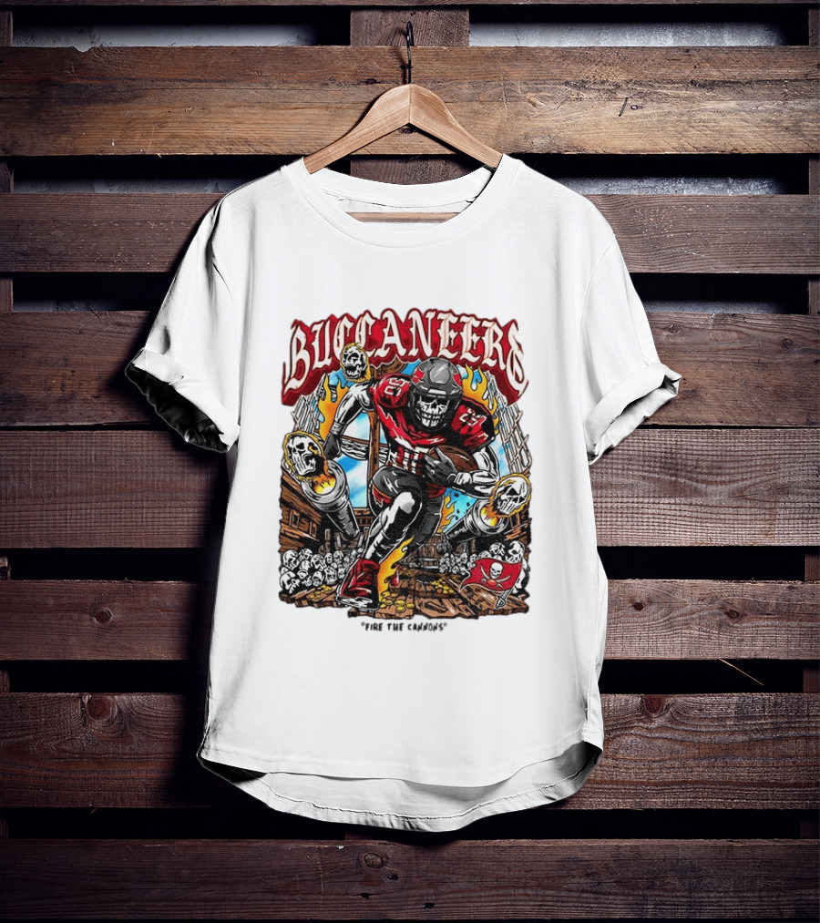 Buccaneers Fire The Cannons Skeleton Football T-Shirt