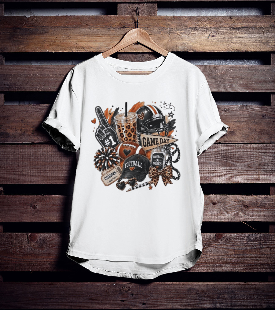 Leopard Game Day Football Touchdown Vibes #1 Fan Helmet Pom Pom Bow T-Shirt