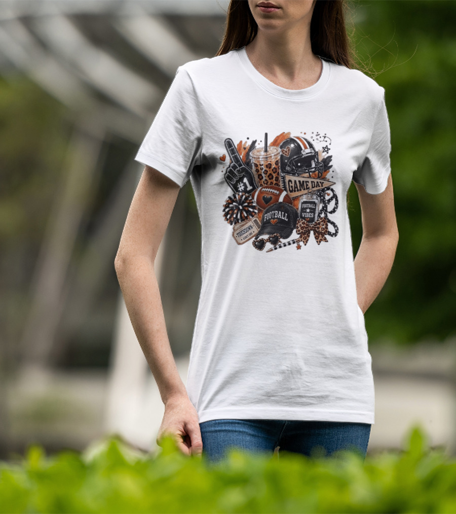 Leopard Game Day Football Touchdown Vibes #1 Fan Helmet Pom Pom Bow T-Shirt
