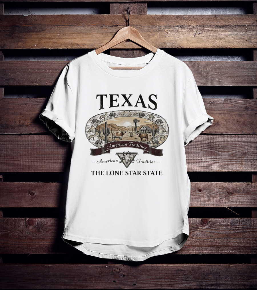 Texas American Tradition The Lone Star State Armadillo Longhorn Desert Scene T-Shirt