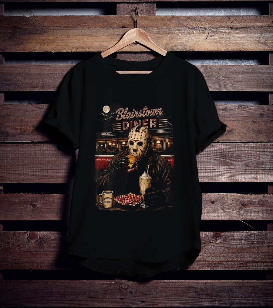 Blairstown Diner Killer Food Killer Coffee Halloween 1949 Masked Character Eating Burger And Milkshake T-Shirt