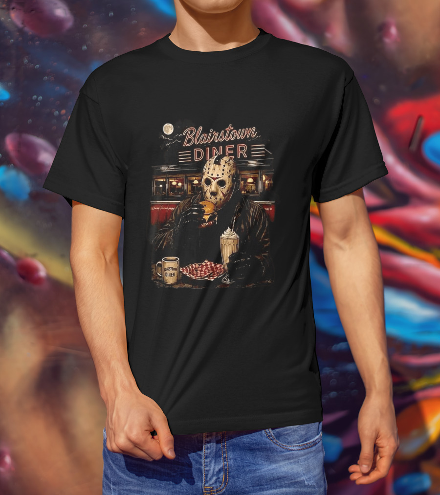 Blairstown Diner Killer Food Killer Coffee Halloween 1949 Masked Character Eating Burger And Milkshake T-Shirt