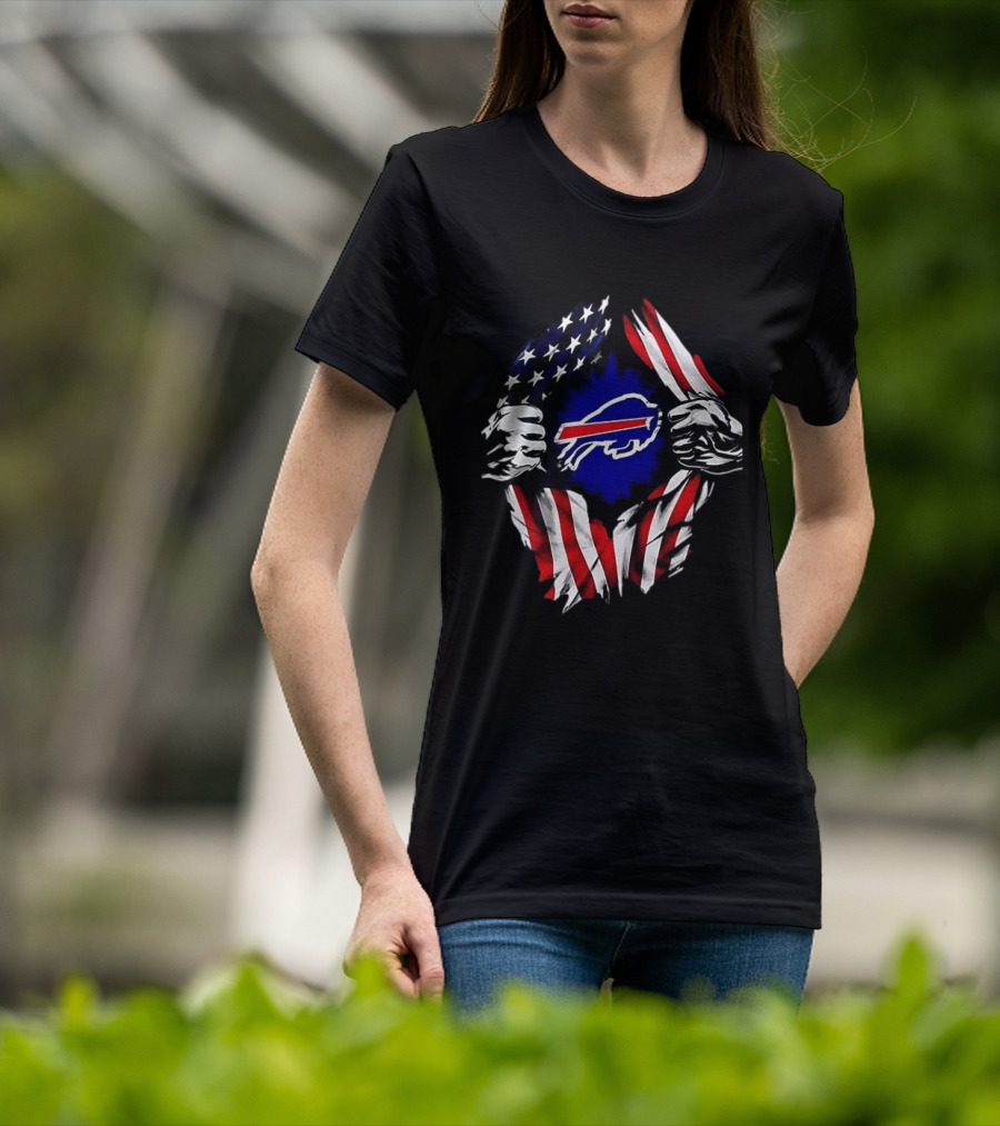 Buffalo Bills Superman Skull Cap Backwards American Flag Rip T-Shirt
