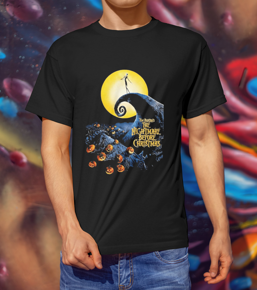 Tim Burton's The Nightmare Before Christmas Jack Skellington Moon Scene With Pumpkins T-Shirt