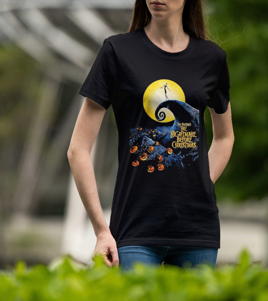 Tim Burton's The Nightmare Before Christmas Jack Skellington Moon Scene With Pumpkins T-Shirt