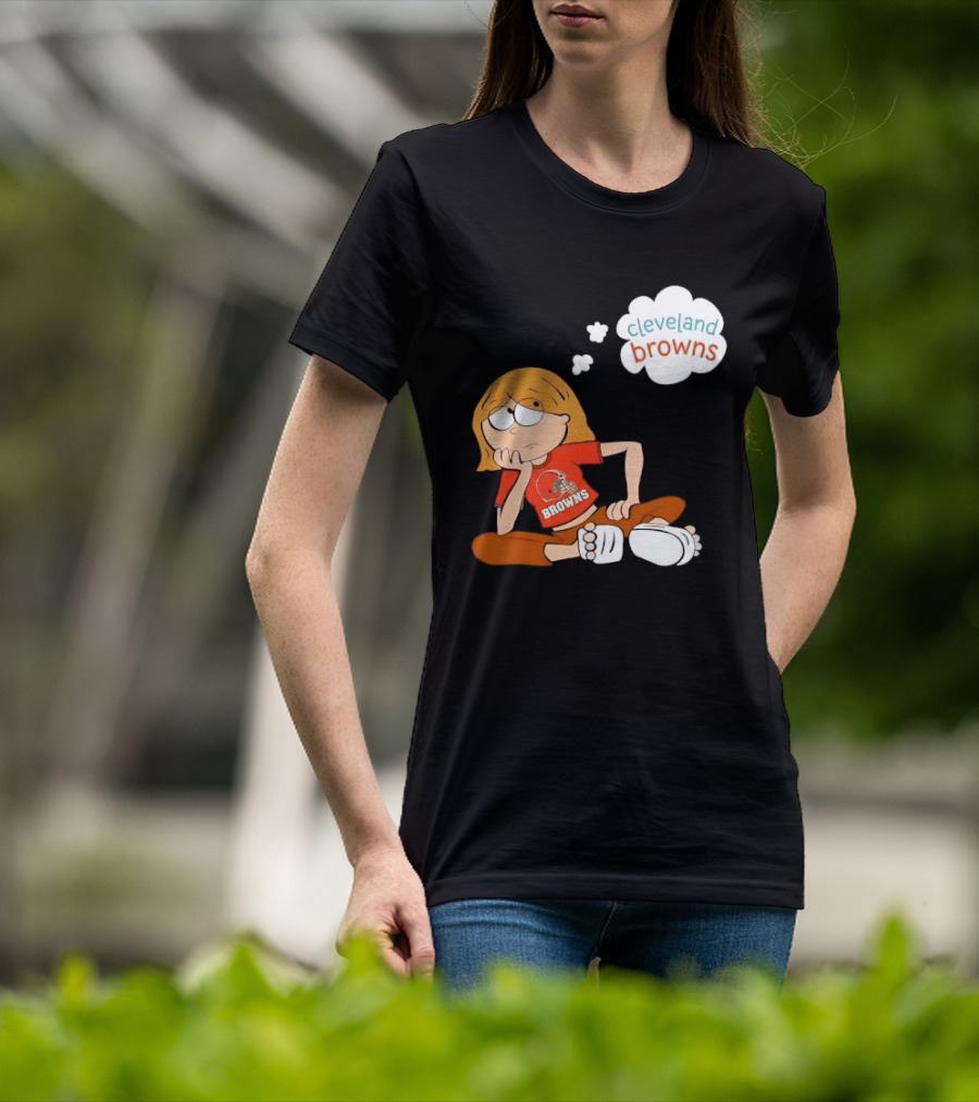 Cleveland Browns Cartoon Girl Sitting With Thought Bubble T-Shirt